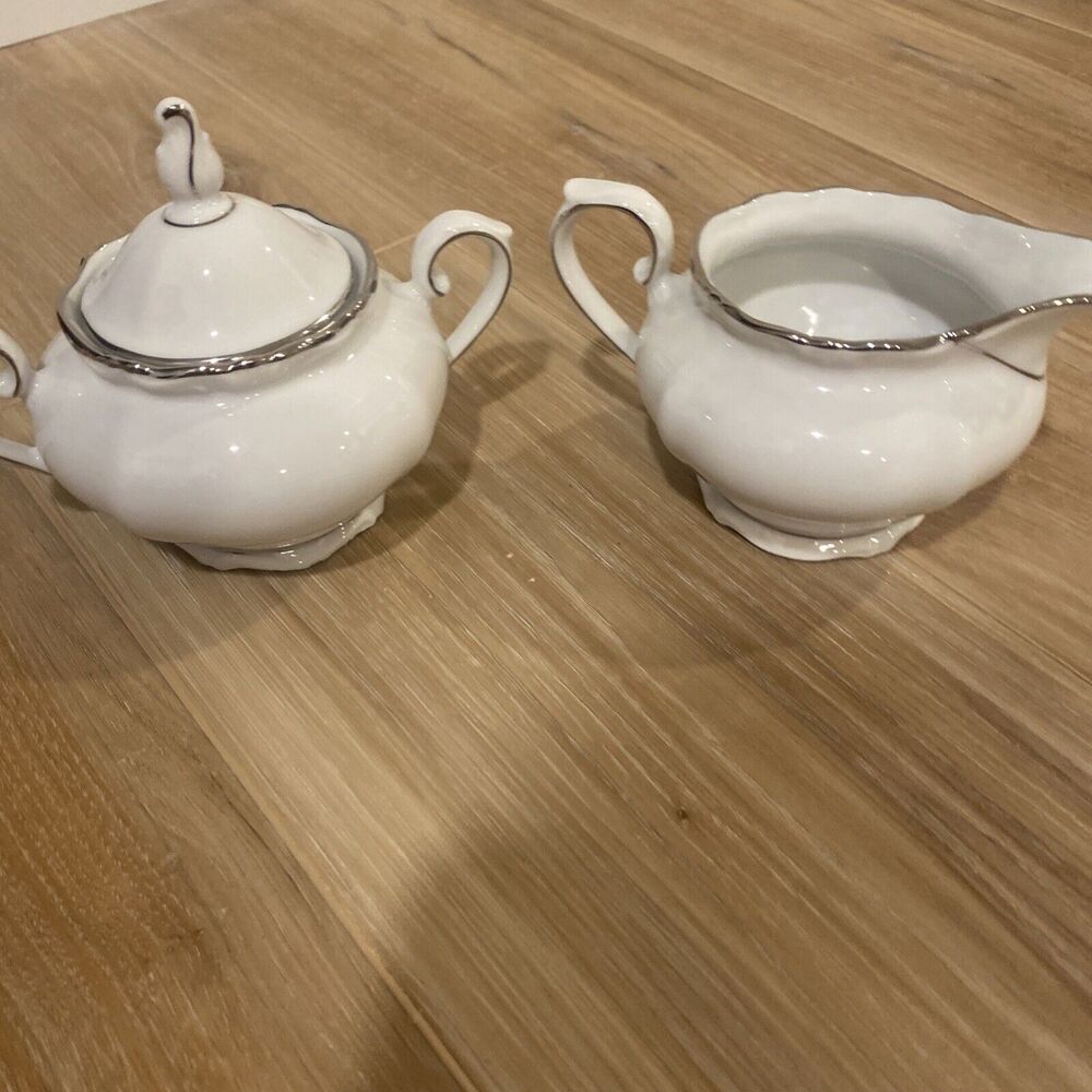 Winterling Bavaria Fine China Sugar Bowl & Creamer White Platinum Rim 1918-1935